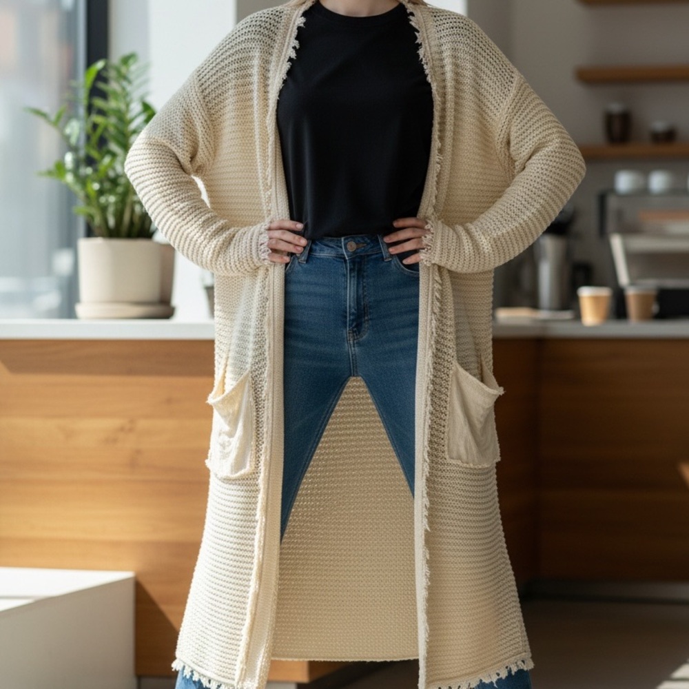Free People Cream Open-Front Knit Cardigan